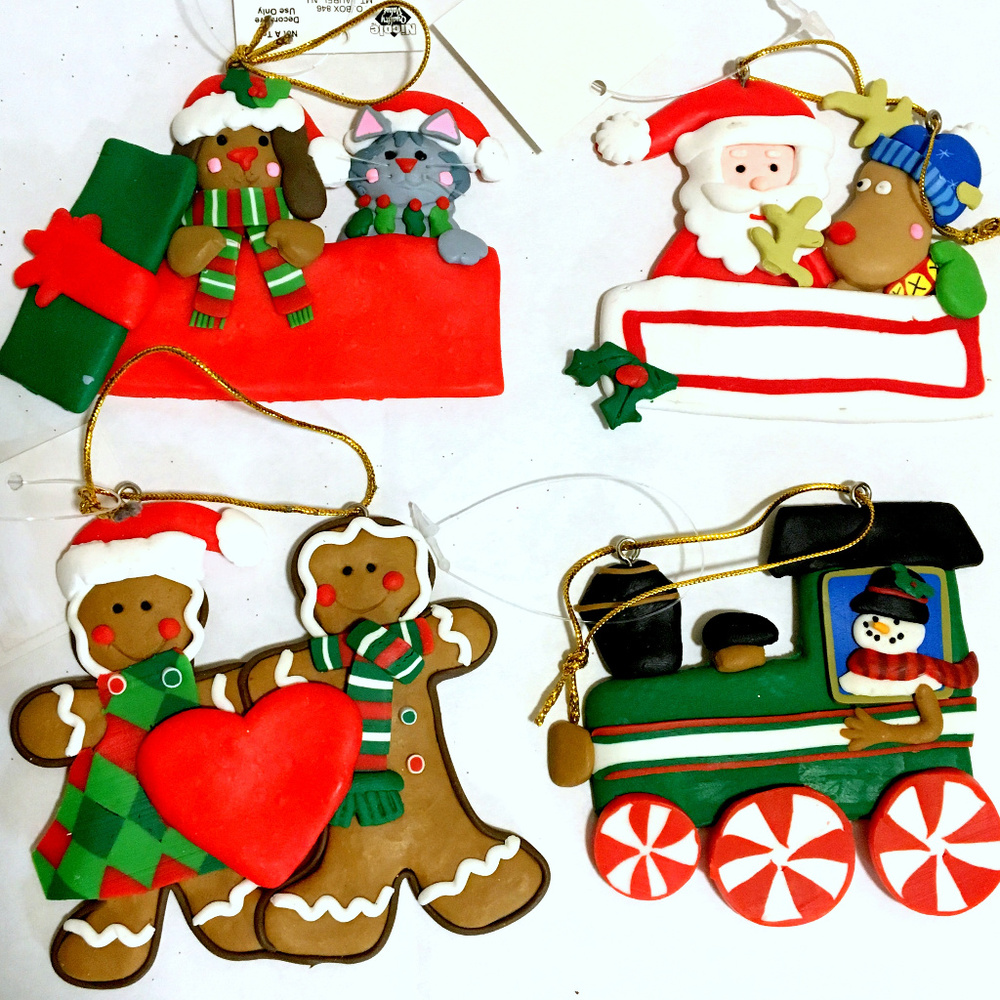 4 Christmas Ornament Santa, Cat, Dog New